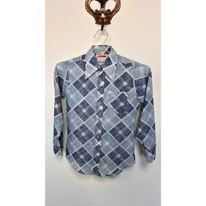 Vintage 90s Zayre Kids Blue Speckled Diamond Long Sleeve Button Up Shirt Size 12